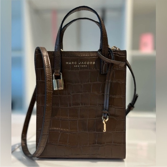 MARC JACOBS Mini Grind Brown Croc Embossed Leather Crossbody Tote Bag NWT - Picture 3 of 8